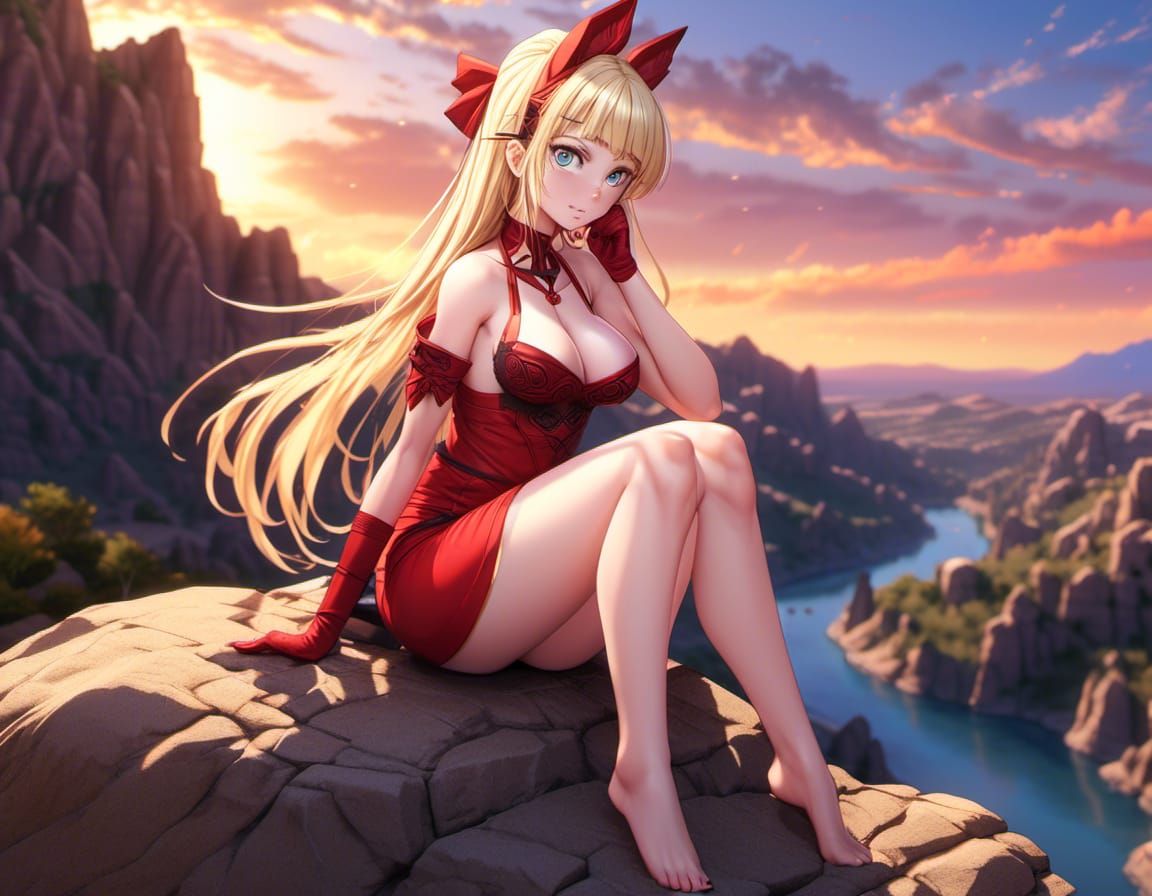 Anime Woman Portrait on Rocky Mountain at Sunrise