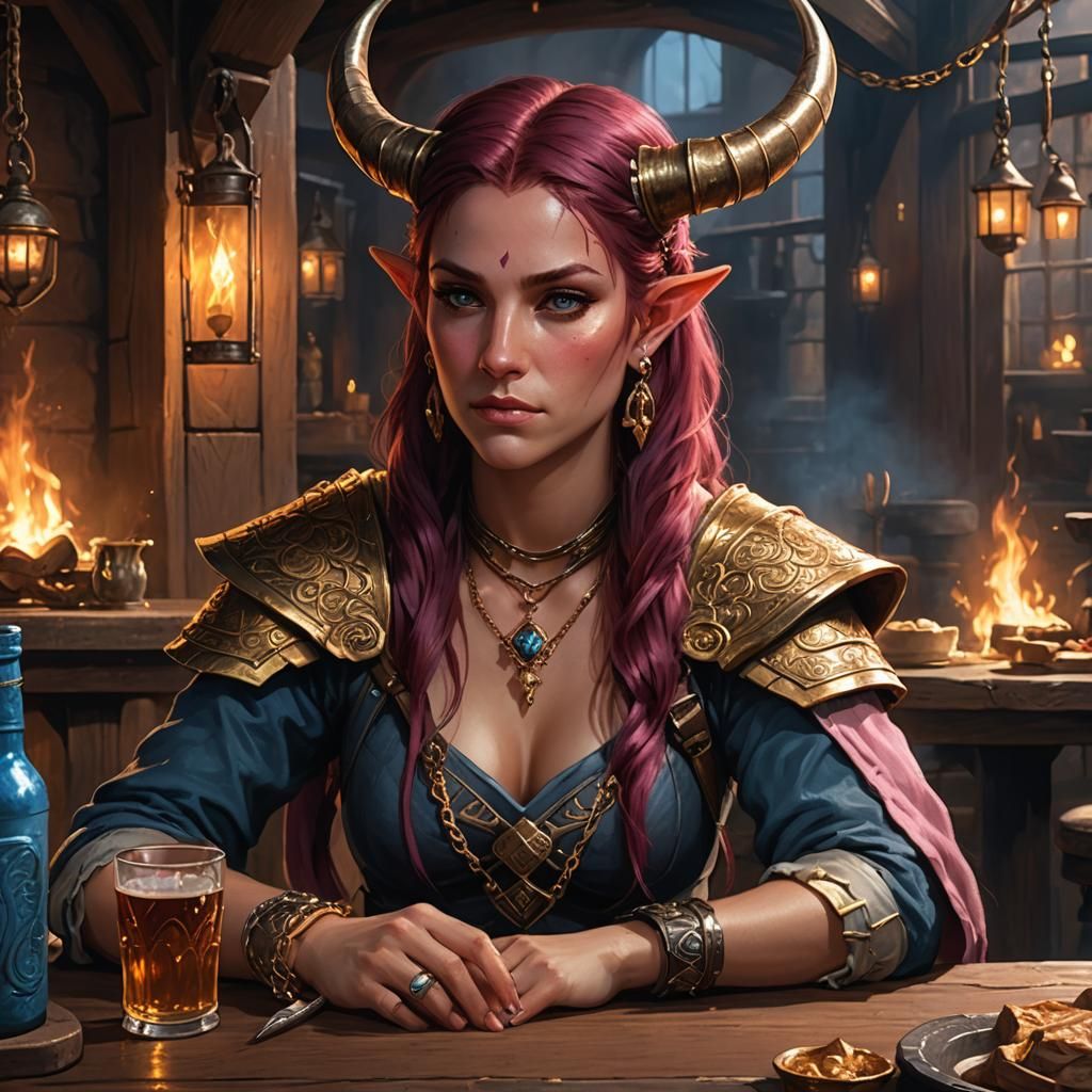 Tiefling Fighter in Tavern, Fantasy Art