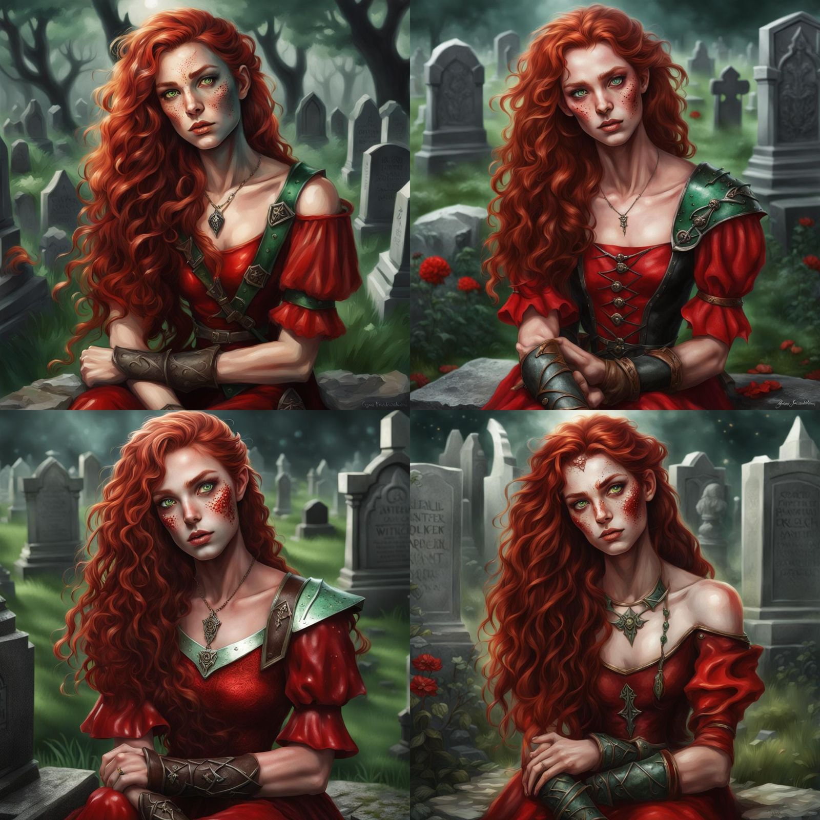 Half-Elf Witch in Cemetery, Realistic Airbrush Style