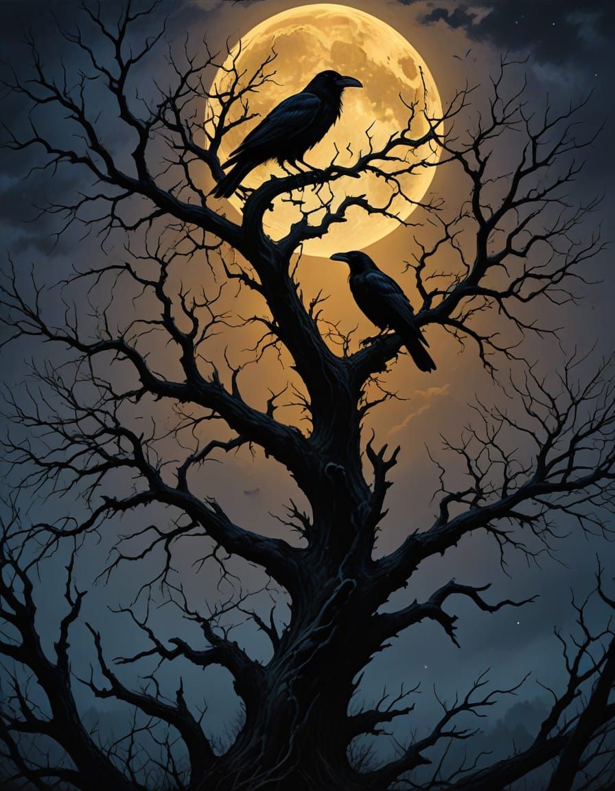 Ravens Under Full Moon in Dark, Mysterious Oil Painting