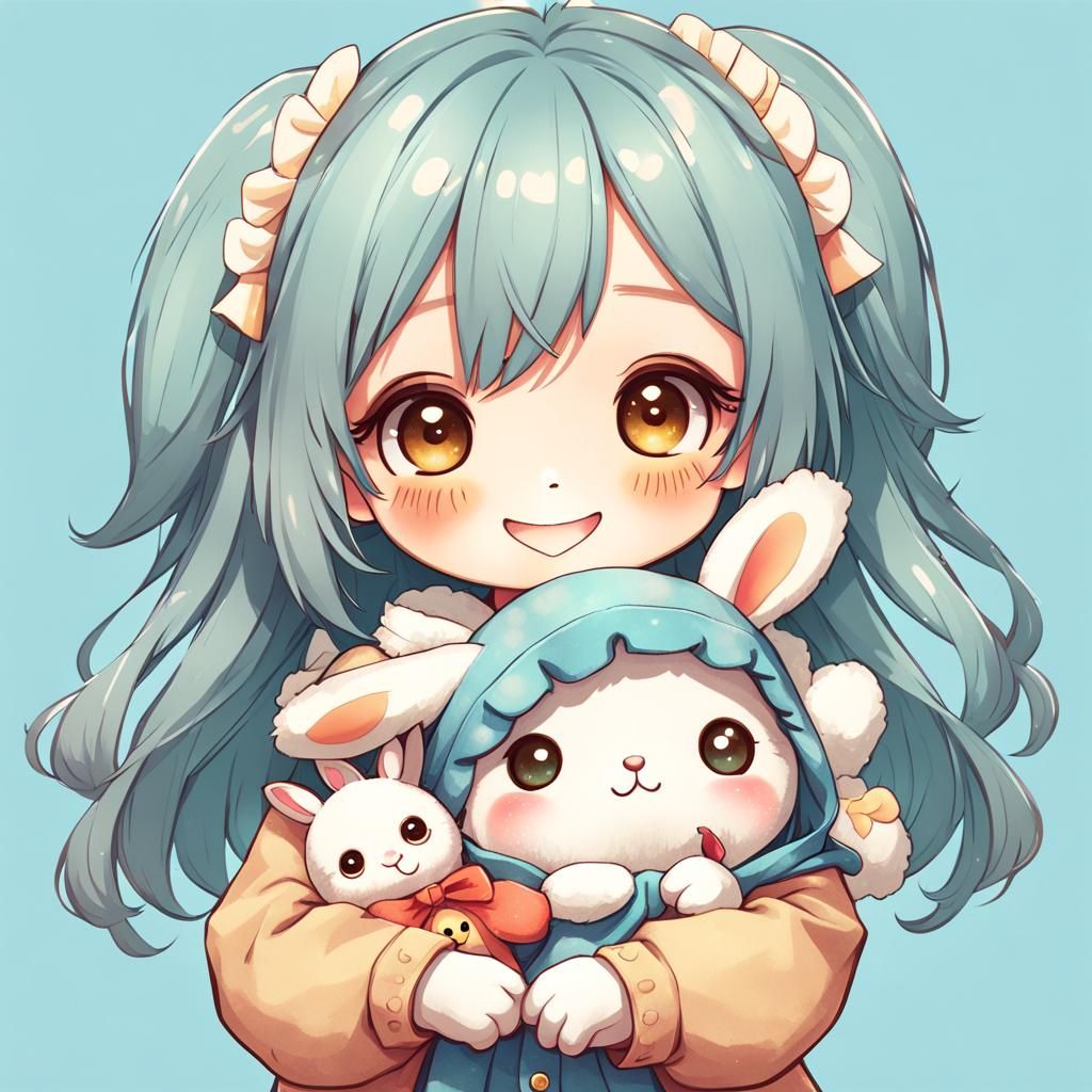 Chibi Girl with Bunny Toy in Anime Style
