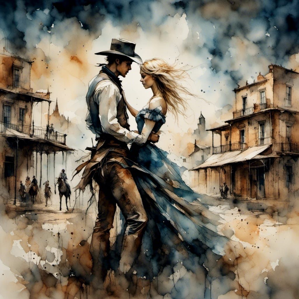 Old West Scene with Woman and Cowboy