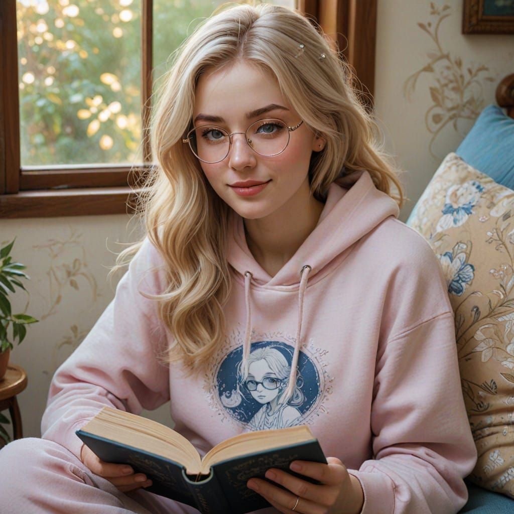 Young Woman Reading in Cozy Pastel Pink Atmosphere