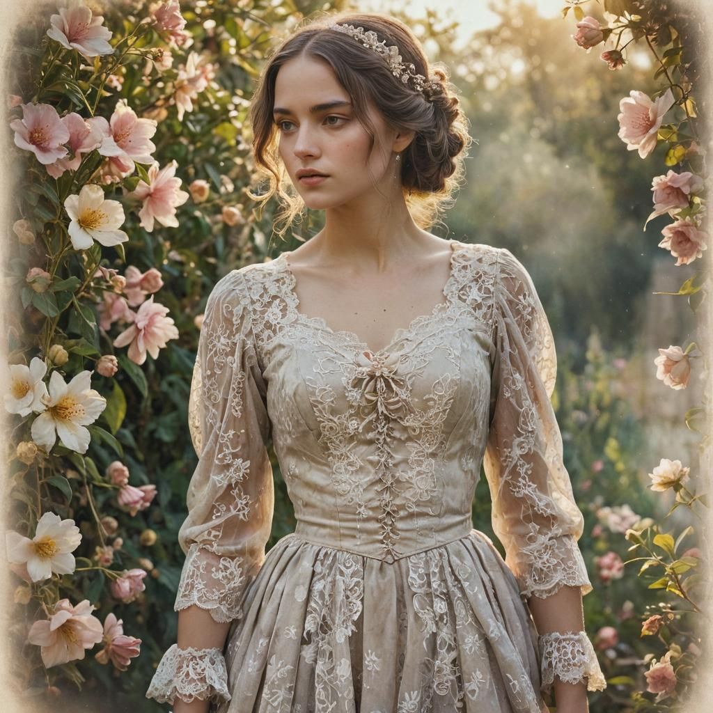 Female Figure in Antique Dress, Mixed Media Art