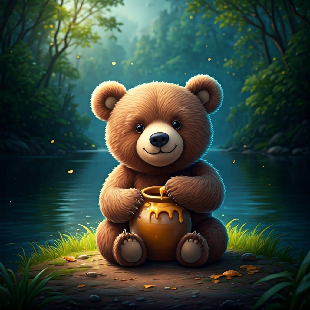Cute Teddy Bear and Honey Pot by Lake