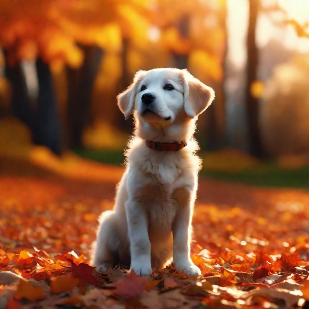 Puppy Watching Autumn Leaves in Vibrant Digital Painting
