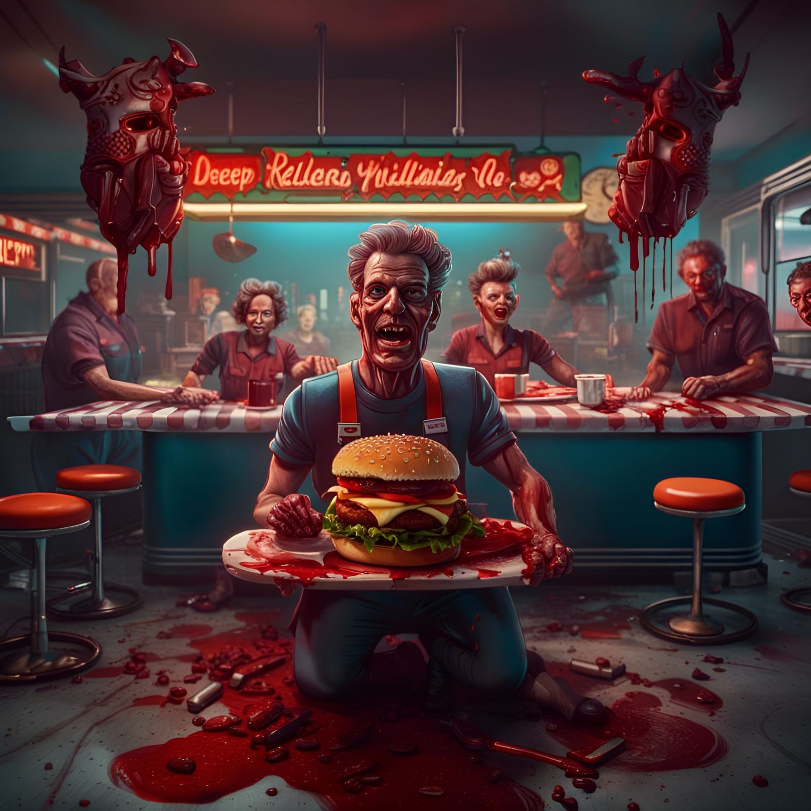 Hamburger Chainsaw Massacre in Retro Diner: Detailed Matte P...