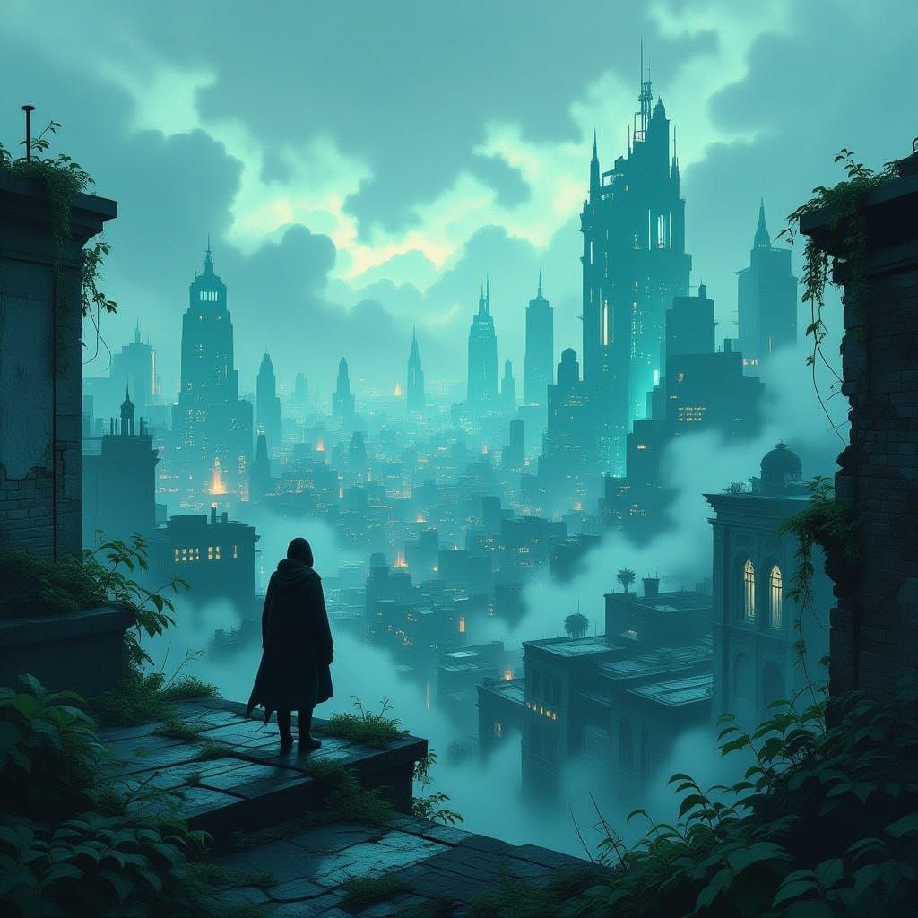 Urban Solitude: Figure Overlooks Nature Reclaiming Cityscape