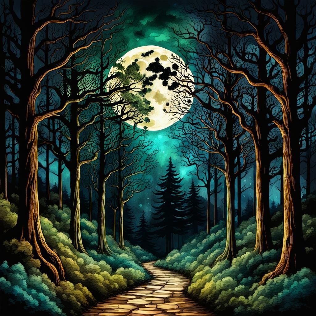 Moonlit Forest Pathway in Alcohol Ink Style