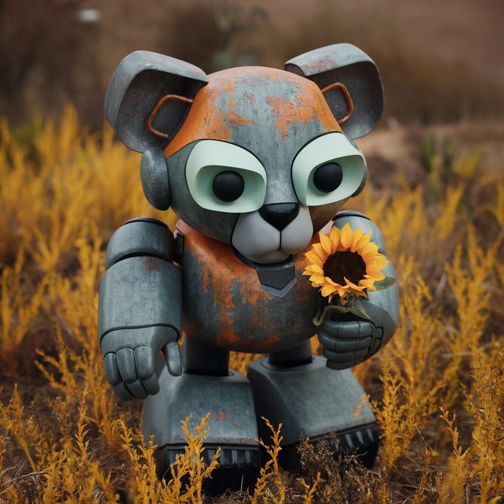 Futuristic Robot Lion with Sunflower in Digital Art