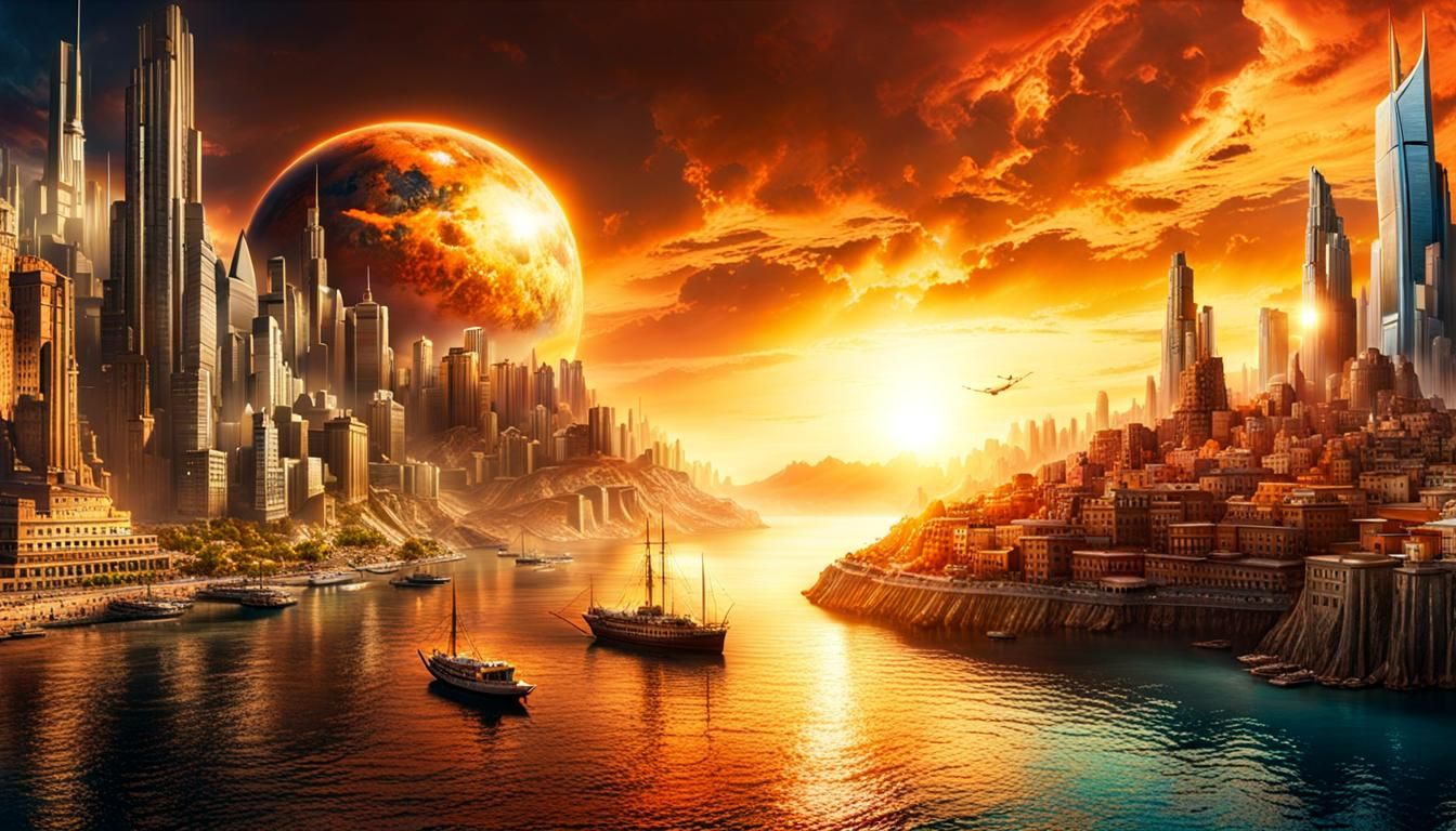 City by the Sea in Earth's Core: Hyperrealistic Splash Art