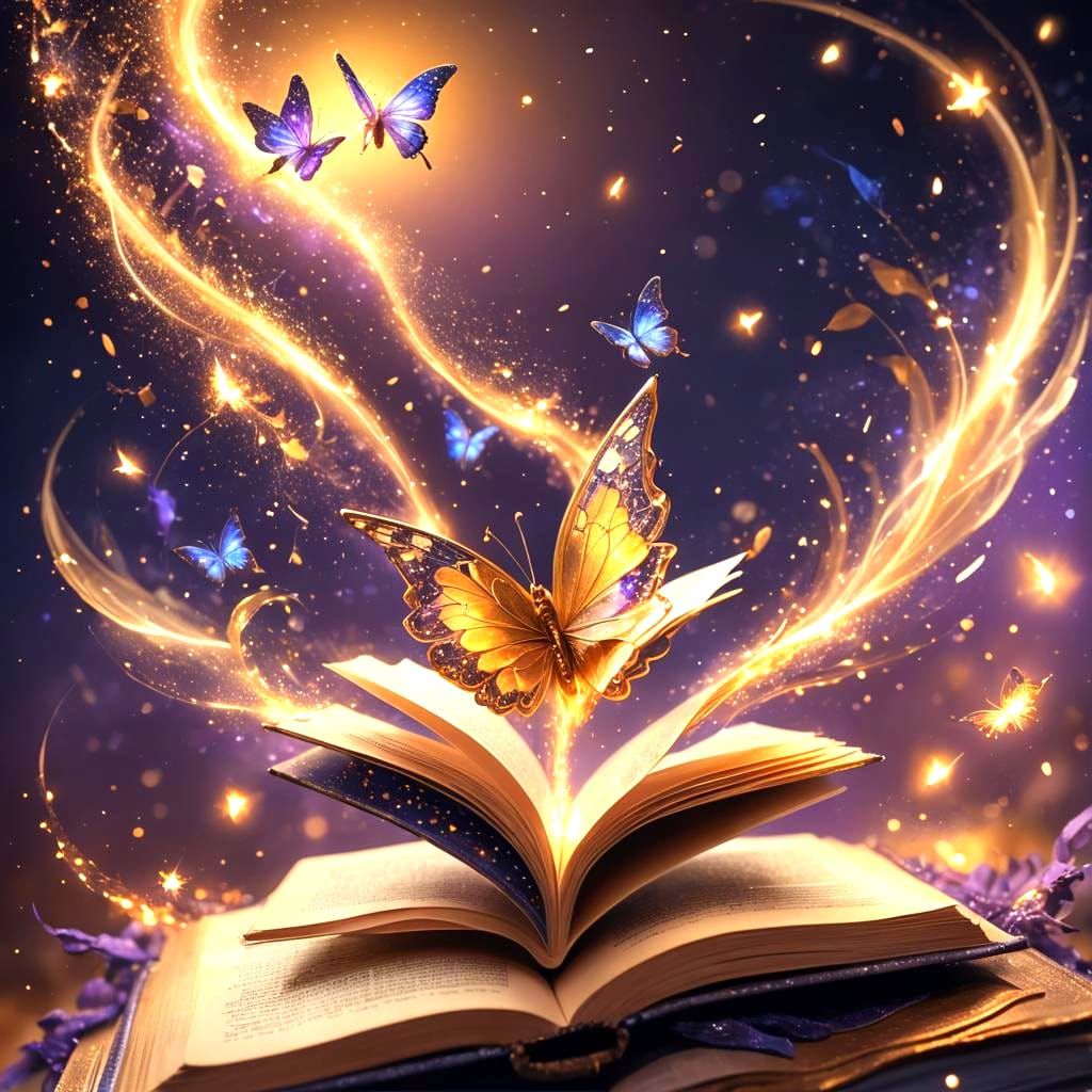 Enchanted Book with Butterfly in Magical Sky
