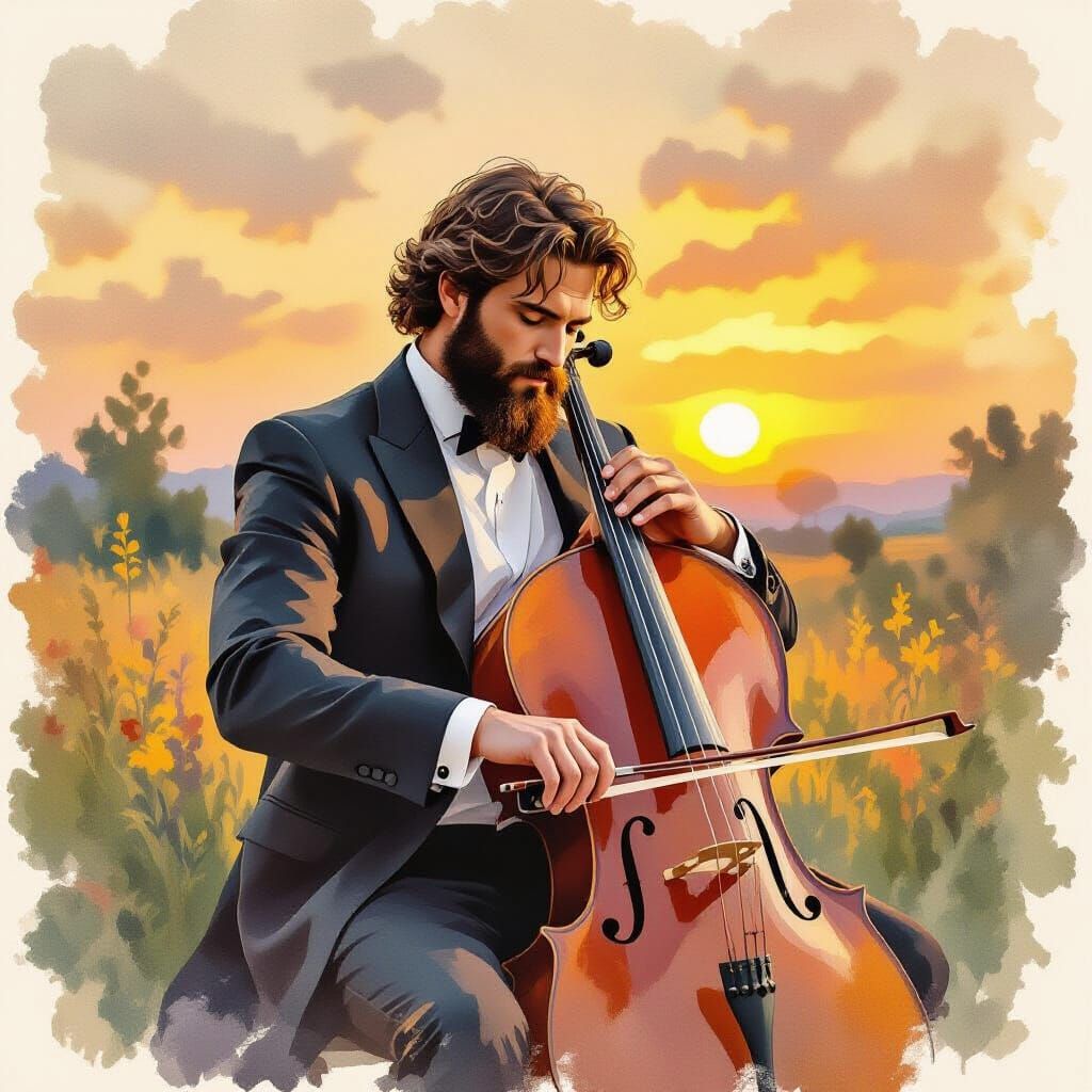 Furry Musician in Elegant Suit Playing Cello at Dusk
