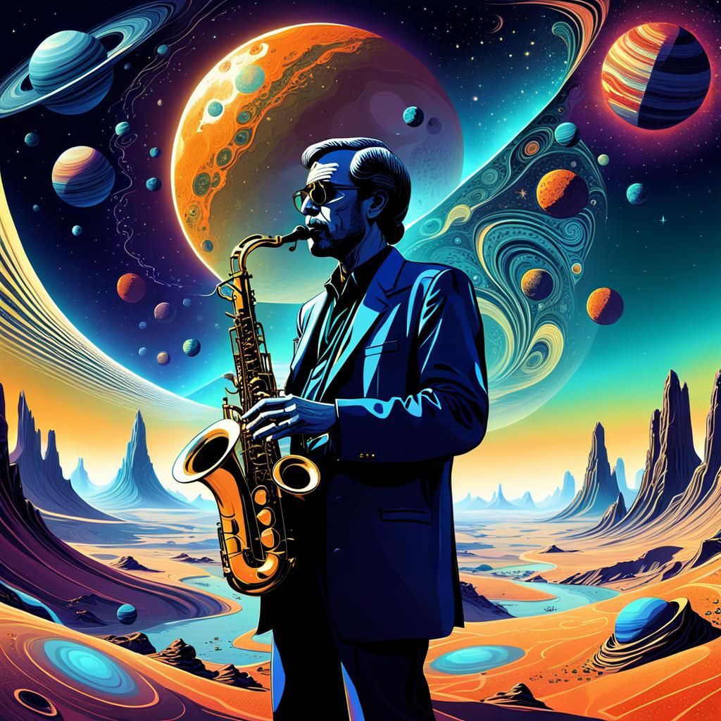 Beatnik Saxophonist on Alien Planet in Vivid Colors