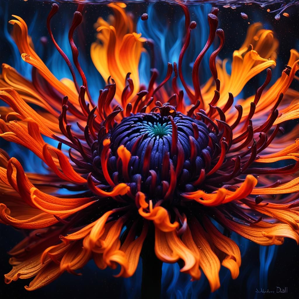 Fiery Chrysanthemum Blooms in Surreal Forest