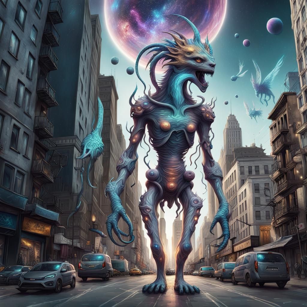 Cosmic Creature with Ingrown Weapons in Cityscape