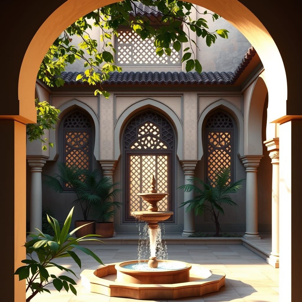 Peaceful Arab Courtyard at Dawn in Islamic Architectural Sty...