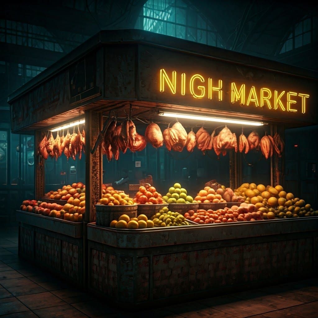 Neon Night Market Scene with Exotic Fruits and Meats