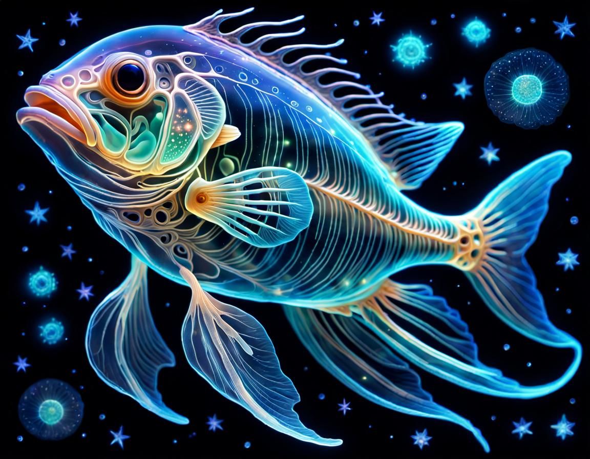 Bioluminescent Fish in Starry Night Sky