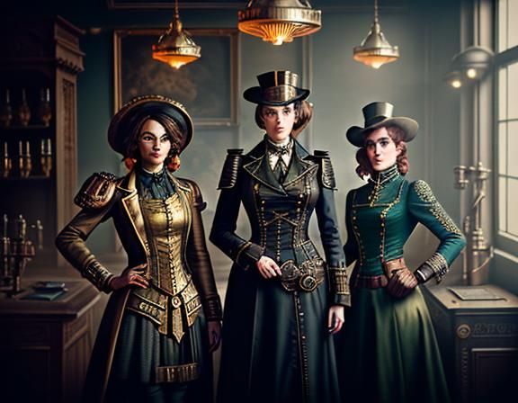 Steampunk Women in Time Machine: Cinematic Digital Art