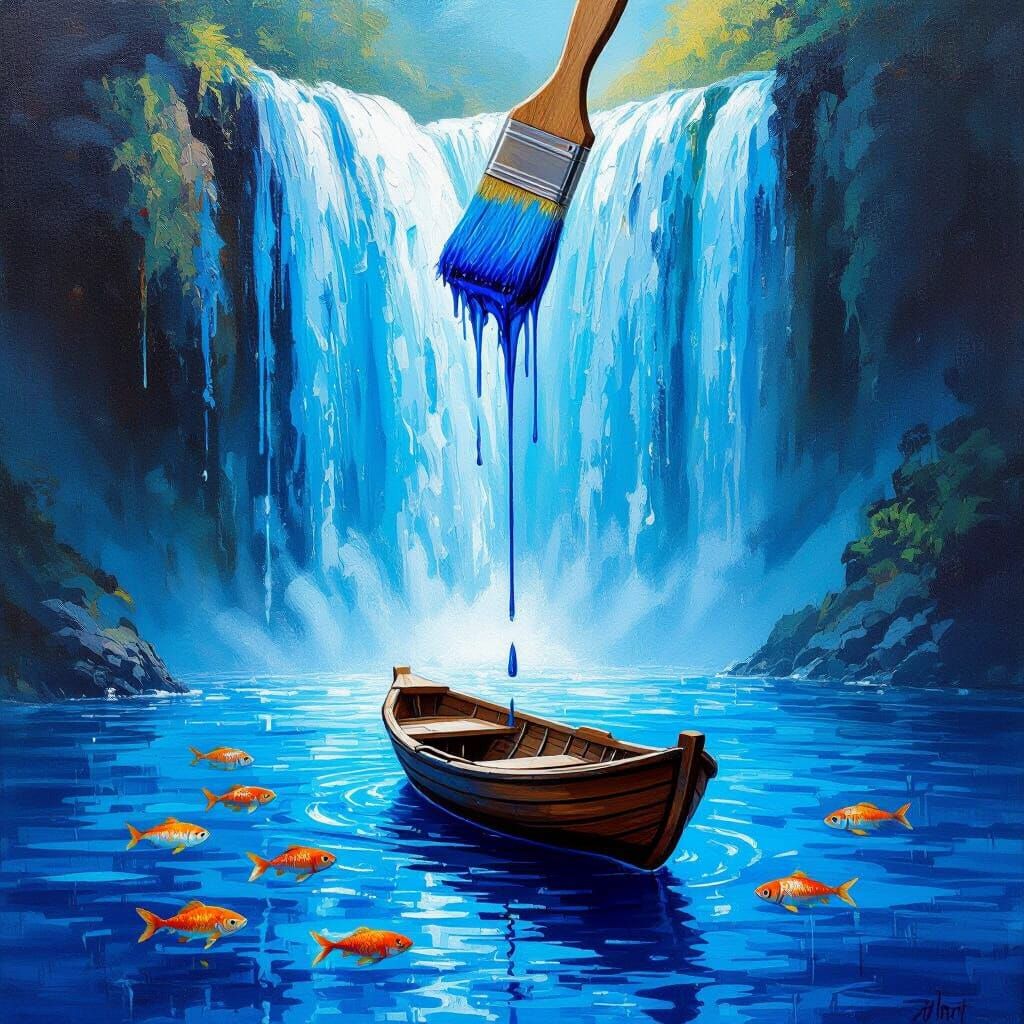 Surreal Oil Painting of Paintbrush Waterfall