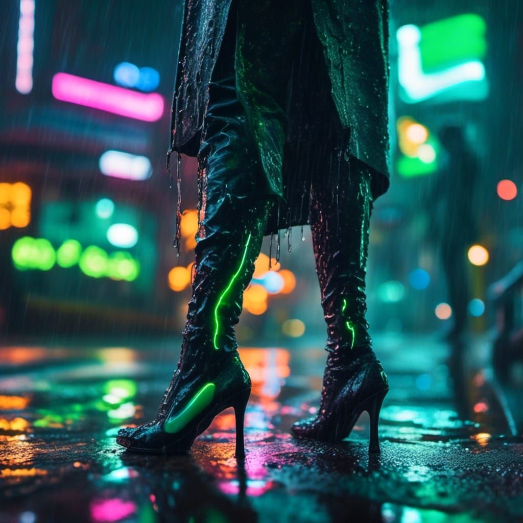 Cyberpunk Stilettos on Rainy Street
