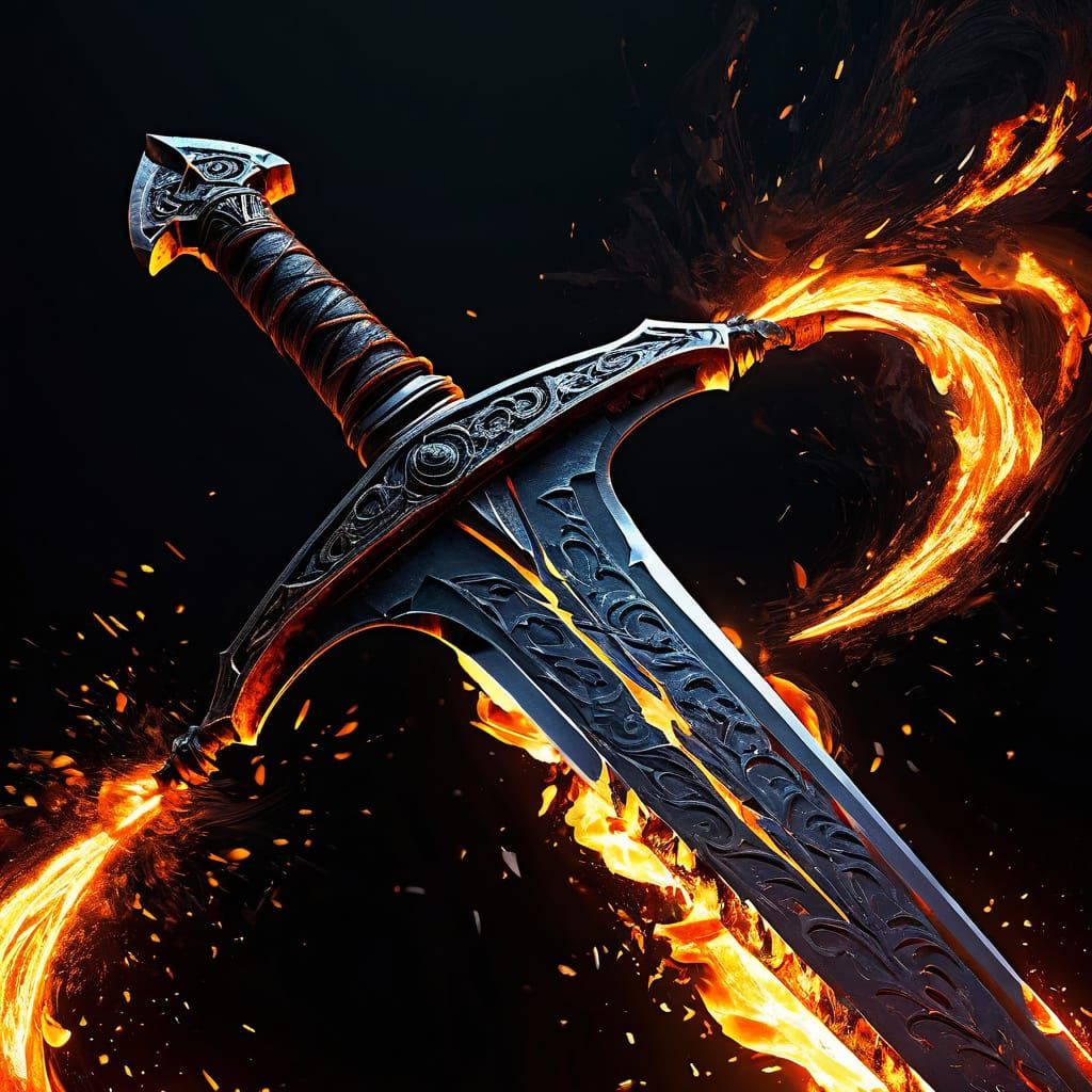 Surreal, Cinematic Masterpiece with Flaming Sword in High Co...