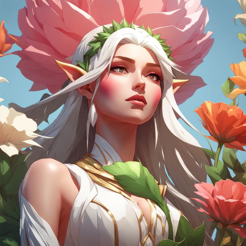 Anime Elf Portrait with Flower in Low-Poly Style
