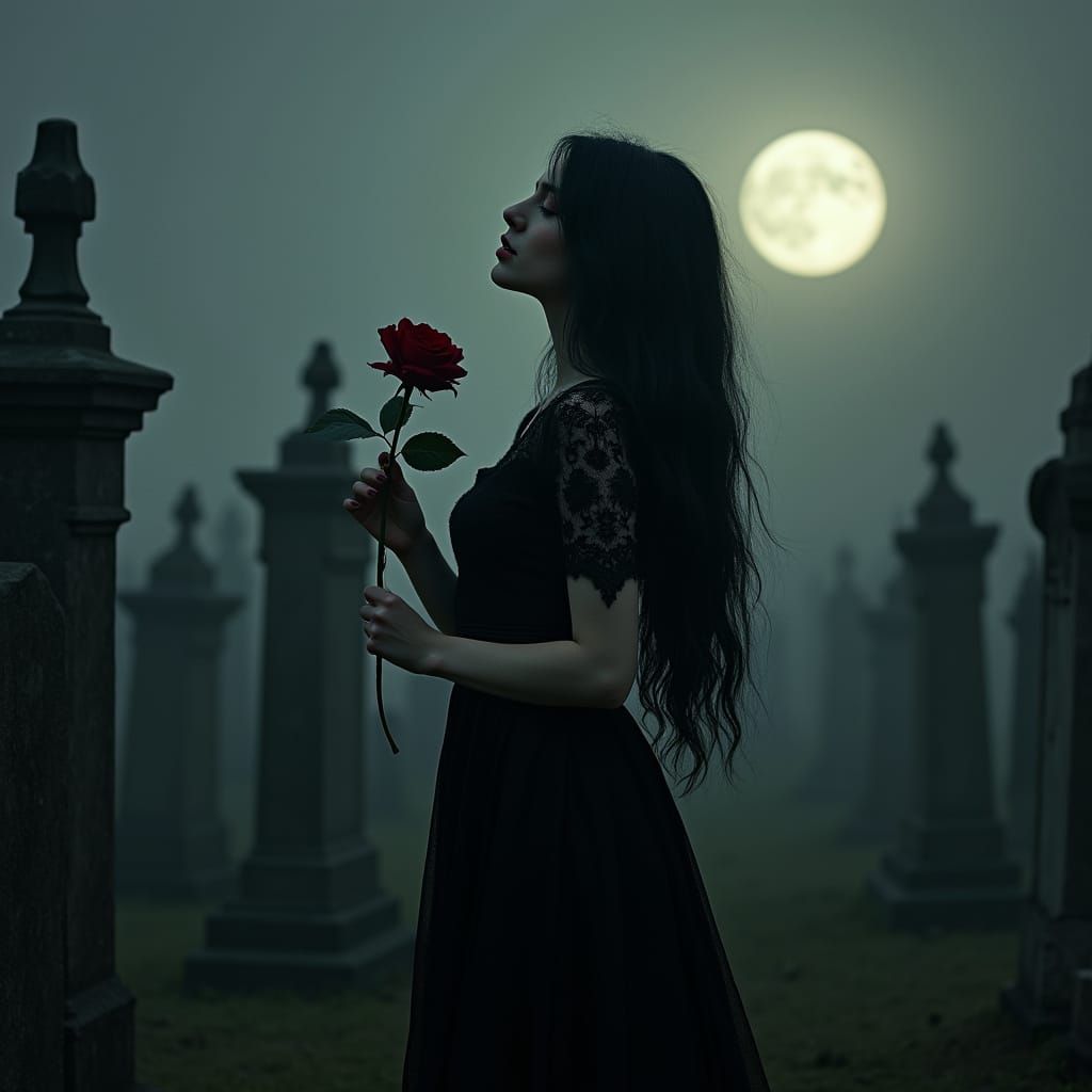 Gothic Woman in Graveyard Under Full Moon
