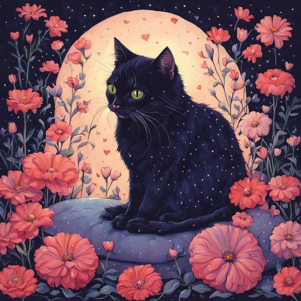 Cute Cat Surrounded by Flowers and Heart Lights