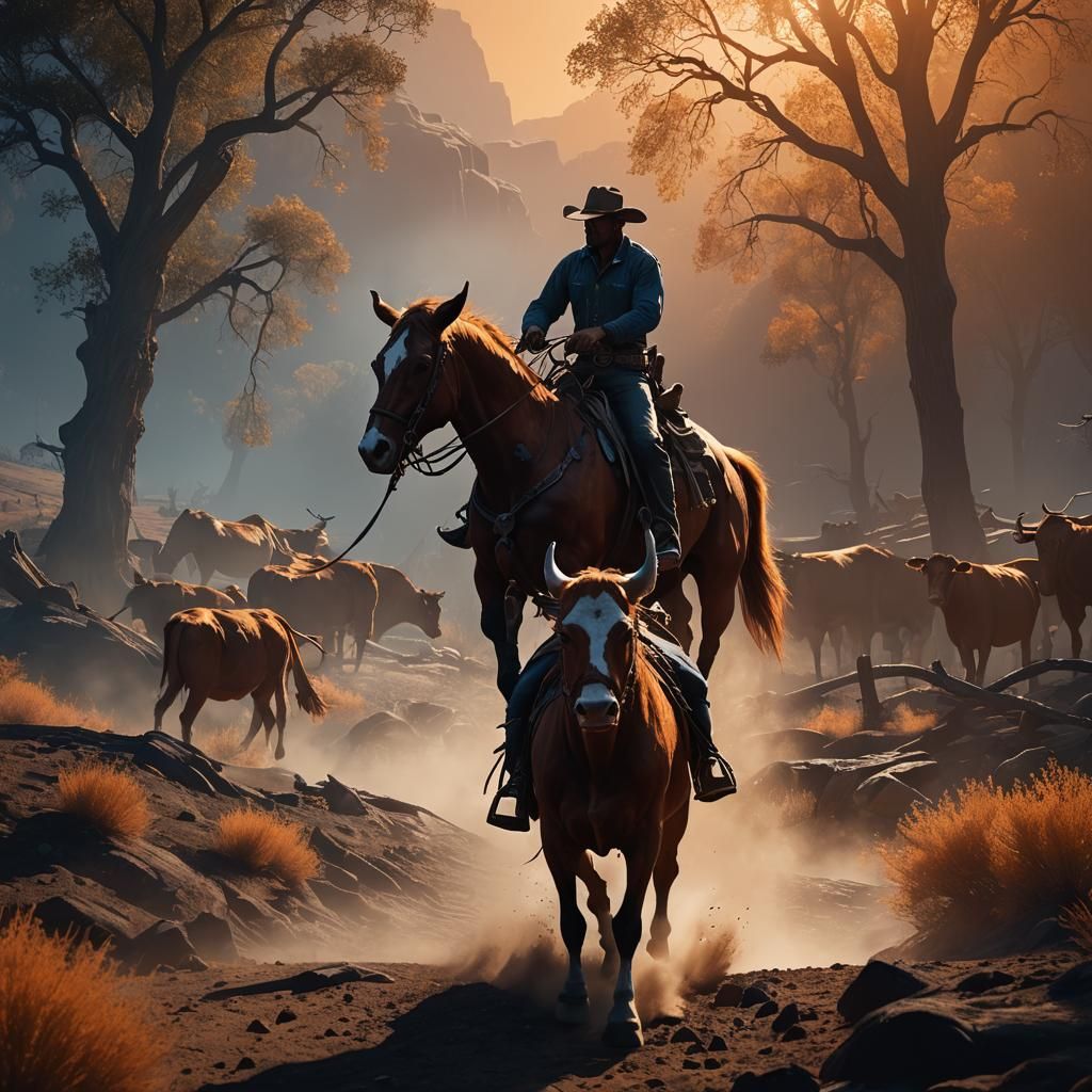 Cowboy Lassoing Cow in Vibrant Digital Art