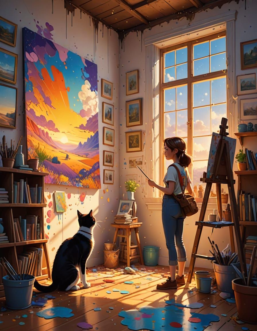 Artist and Cat Create Magical Masterpiece in Vibrant Scene