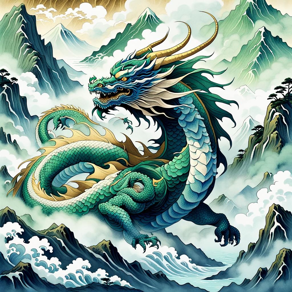 Japanese Dragon Emerges from Mountain Mist