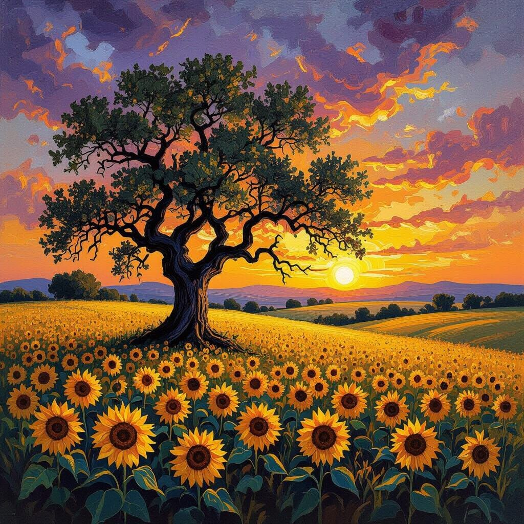 Oak Sentinel in Van Gogh Sunflower Field