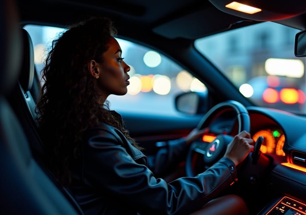 Stylish Woman in Futuristic Car at Night