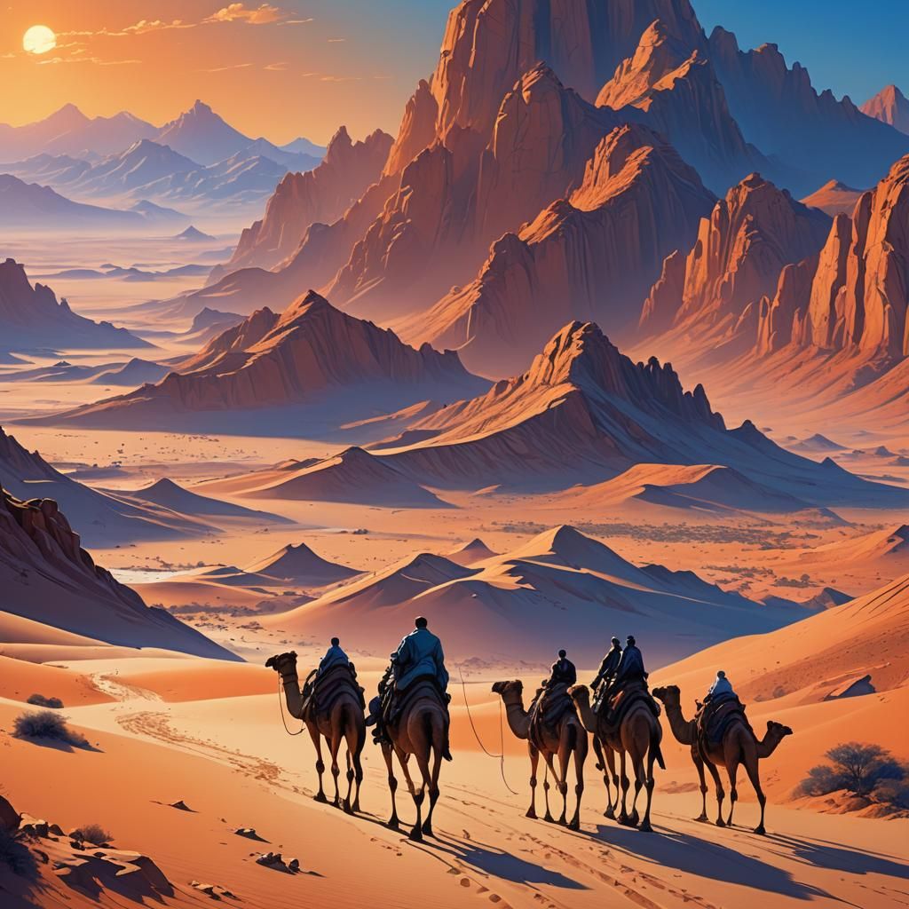 Camels Walk on Desert Mountain in Art-Deco Style