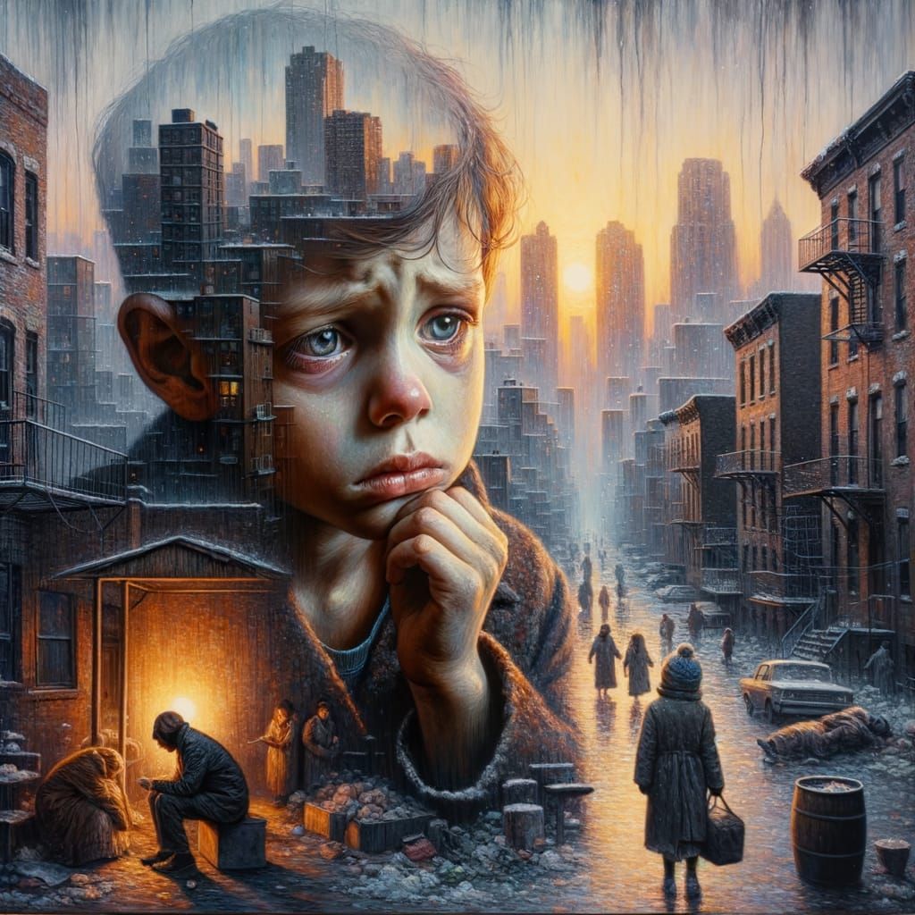 Sorrow-Stricken Boy in Bleak Urban Landscape Oil Painting