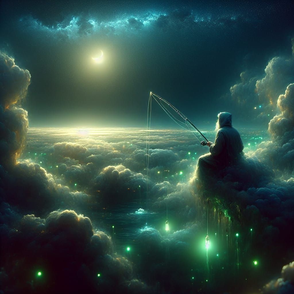 Fisherman Among Clouds Hyperrealistic Matte Painting