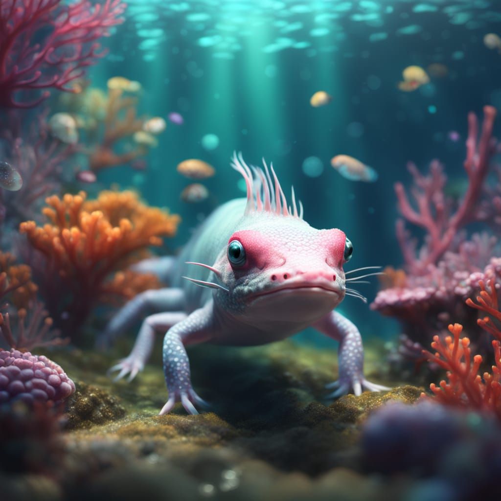 Hyper-Realistic Axolotl in Vibrant Underwater Wonderland