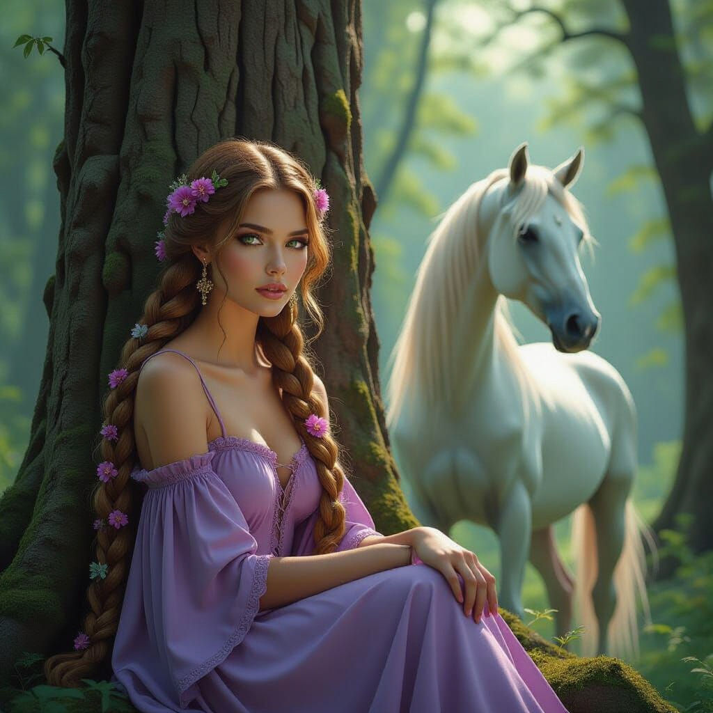 Fantasy Woman with Braided Hair and Tower