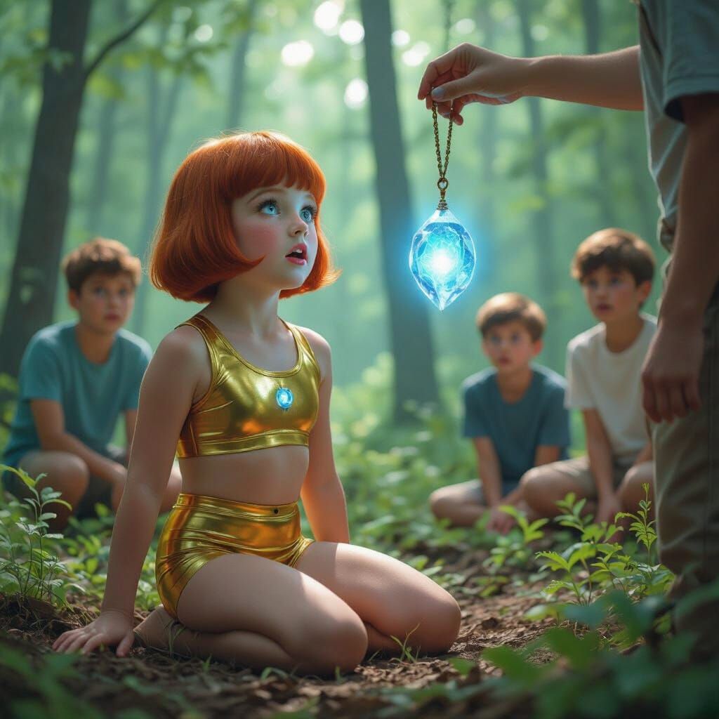 Redhead Girl Hypnotized in Forest, Cinematic Style