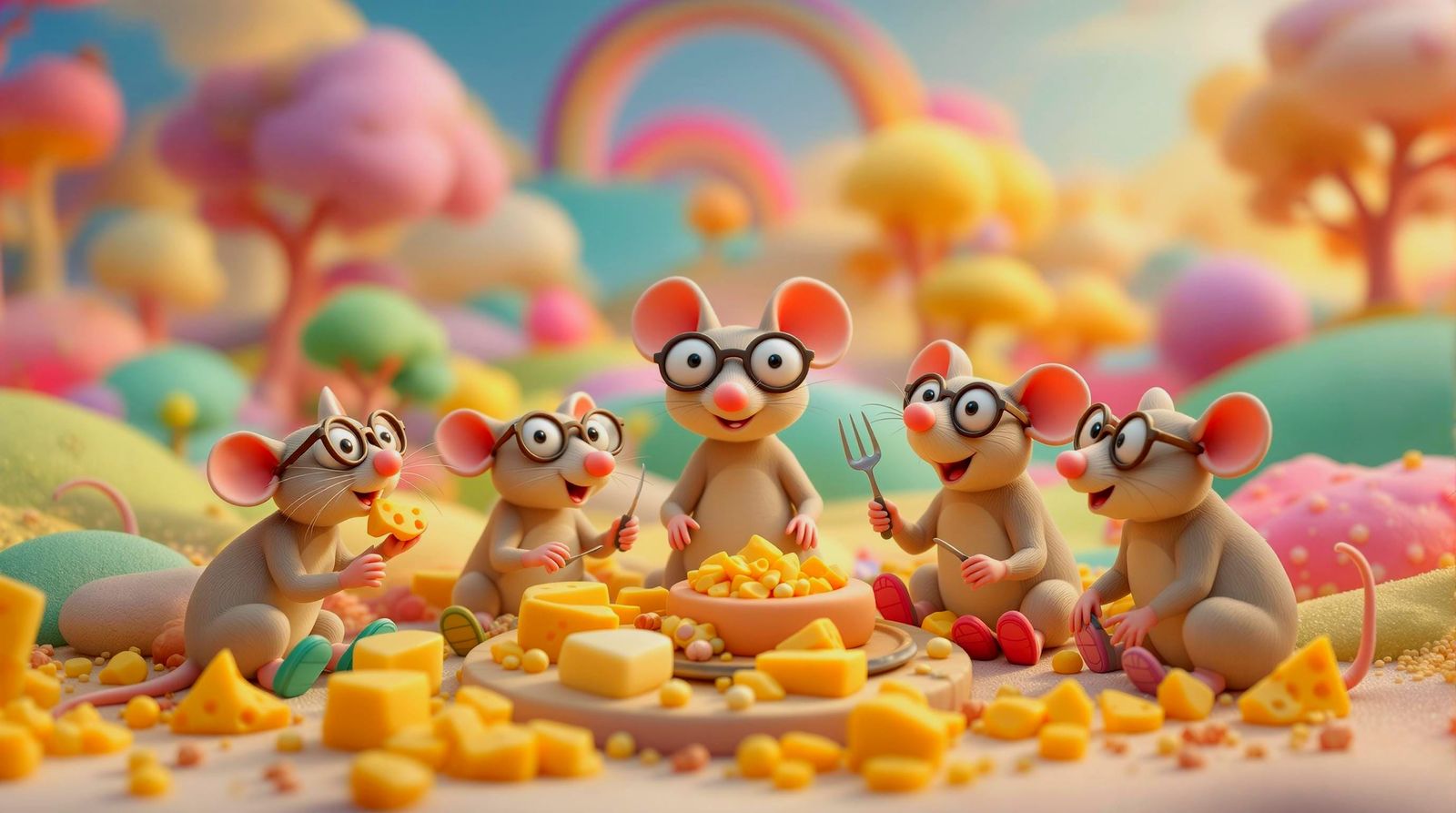 Whimsical Claymation Scene of Mice Enjoying Cheese in Bright...