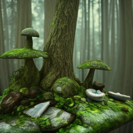 Mystical Forest with Ancient Statue in 3D Game Style