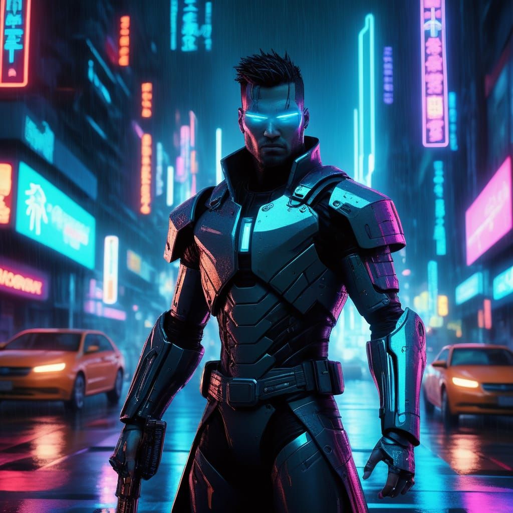 Glowing Cybernetic Warrior in Dystopian Megacity