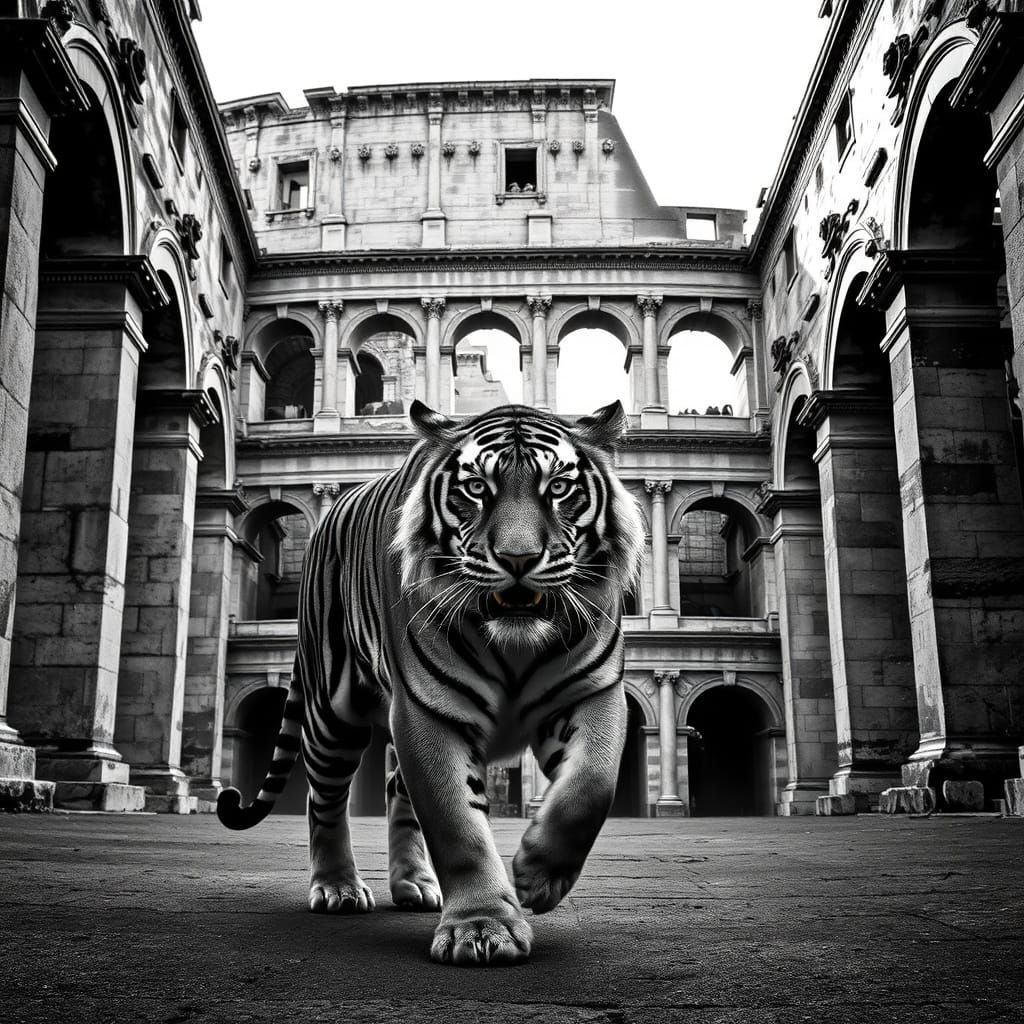 Majestic Tiger Roams Ancient Coliseum