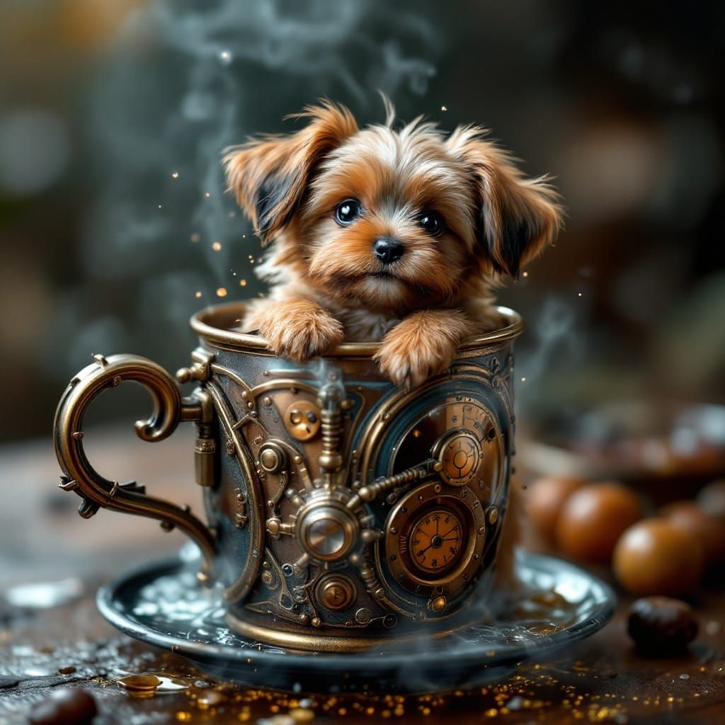Steampunk Mug with Puppy Swimming, Detailed 3D Render