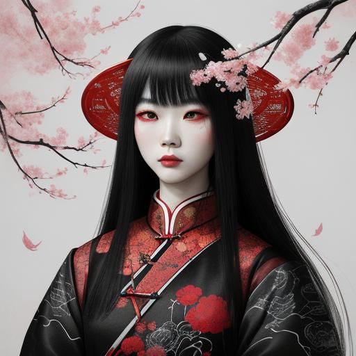 Robot Girl in Chinese Ink Art Style