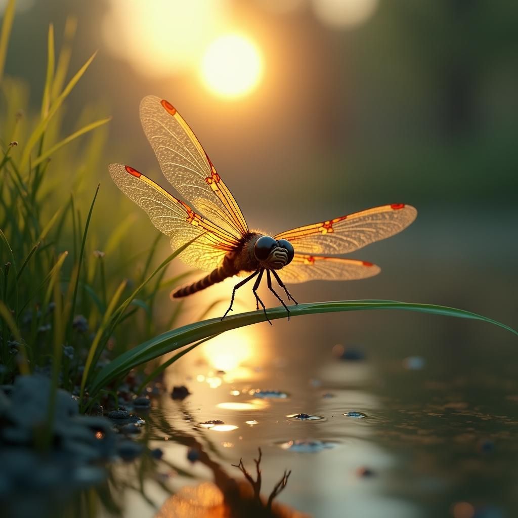 Steampunk Dragonfly Lands on Grass at Sunset