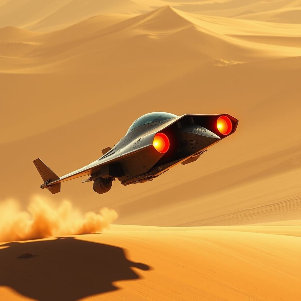 Sleek Swoop Bike Hovers Over Tatooine Sand Dunes in Cyberpun...