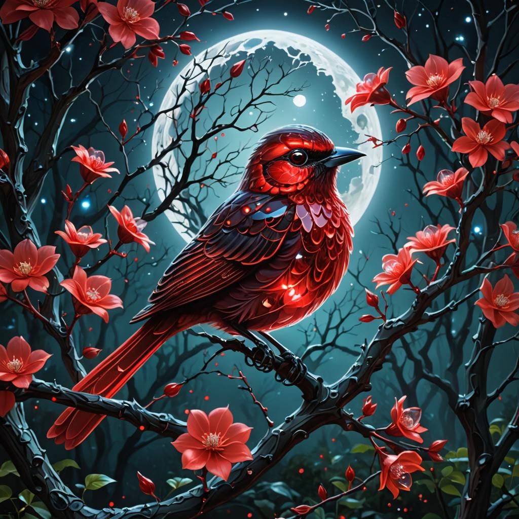 Luminous Red Crystal Bird on Flowering Tree